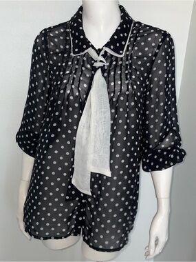 Black and White Polka Dot Sheer Tie-Front Chemise